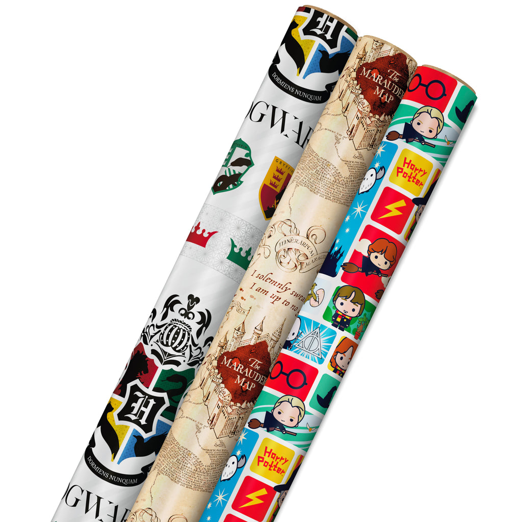 Hallmark Harry Potter Wrapping Paper with Cut Lines on Reverse (3-Pack: 60 sq. ft. ttl; Marauder's Map, Hogwarts Crest) for Birthdays, Graduations, Christmas, Valentine's Day