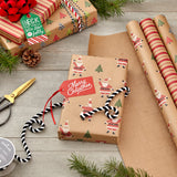 Hallmark Sustainable Christmas Wrapping Paper with Cut Lines on Reverse (3 Rolls: 90 sq. ft. ttl) Kraft with Santas, Trees, Stripes