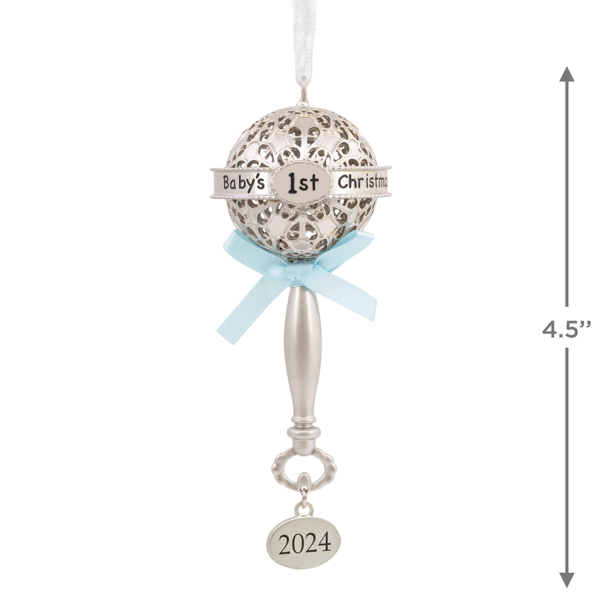 Baby's First Christmas Silver Baby Rattle With Blue Ribbon 2024 Christmas Ornament, Metal