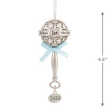 Baby's First Christmas Silver Baby Rattle With Blue Ribbon 2024 Christmas Ornament, Metal