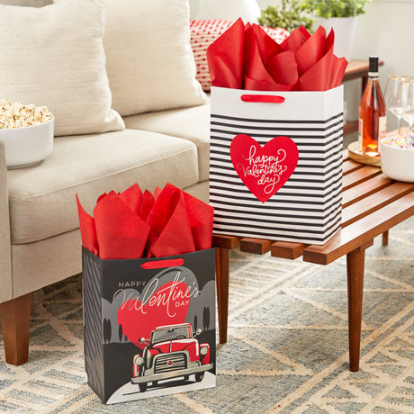 13" Large Valentine's Day Gift Bags with Tissue Paper (2 Bags: Vintage Red Truck, Black and White Stripes) for Adults, Spouse, Husband, Boyfriend