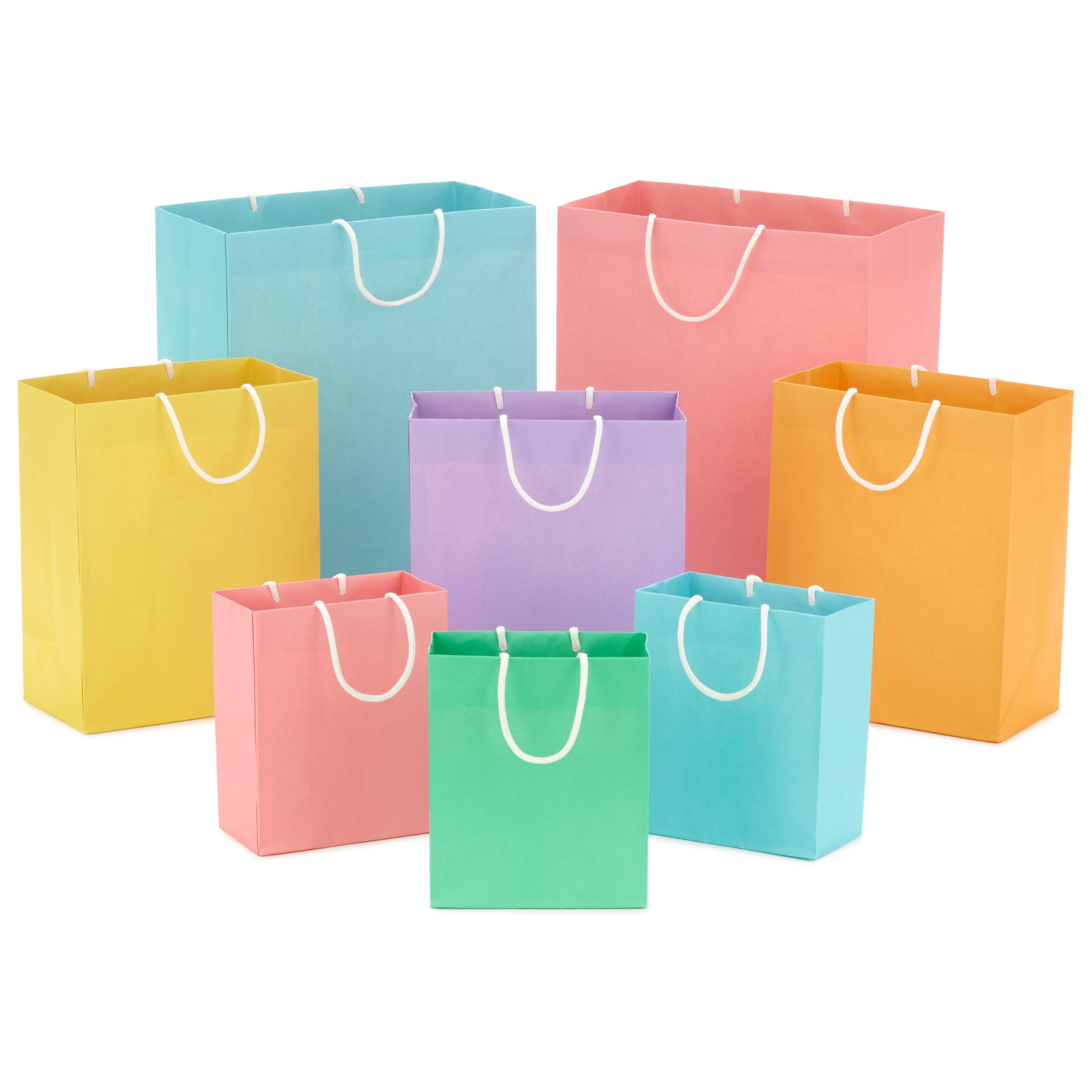 Recyclable Gift Bag Assortment (8 Bags: 3 Small 6", 3 Medium 9", 2 Large 13") Pastel Blue, Pink, Yellow, Purple, Orange, Green for Birthdays, Easter, Baby Gifts, Bridal Showers