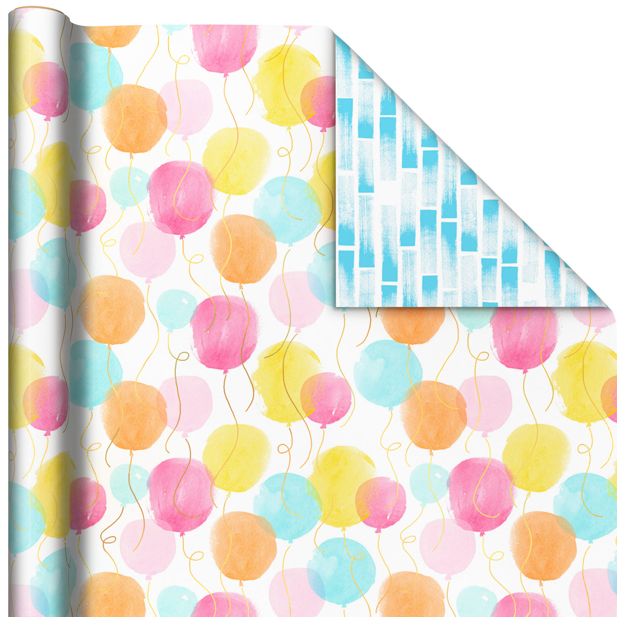 Hallmark All Occasion Reversible Wrapping Paper Bundle - Watercolor Flowers, Stripes, Balloons (3-Pack: 75 sq. ft. ttl.) for Birthdays, Weddings, Baby Showers, Bridal Showers, Valentine's Day and More