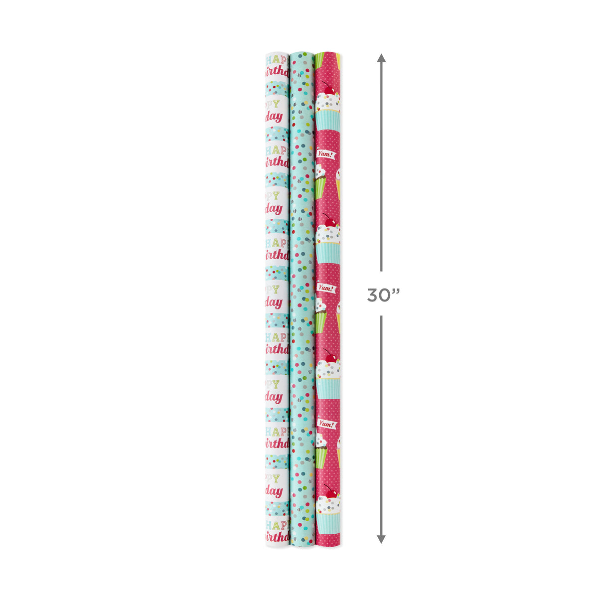 Hallmark All Occasion Reversible Wrapping Paper Bundle - Happy Birthday (3 Rolls - 75 sq. ft. ttl) Cupcakes, Stripes, Flowers, Polka Dots