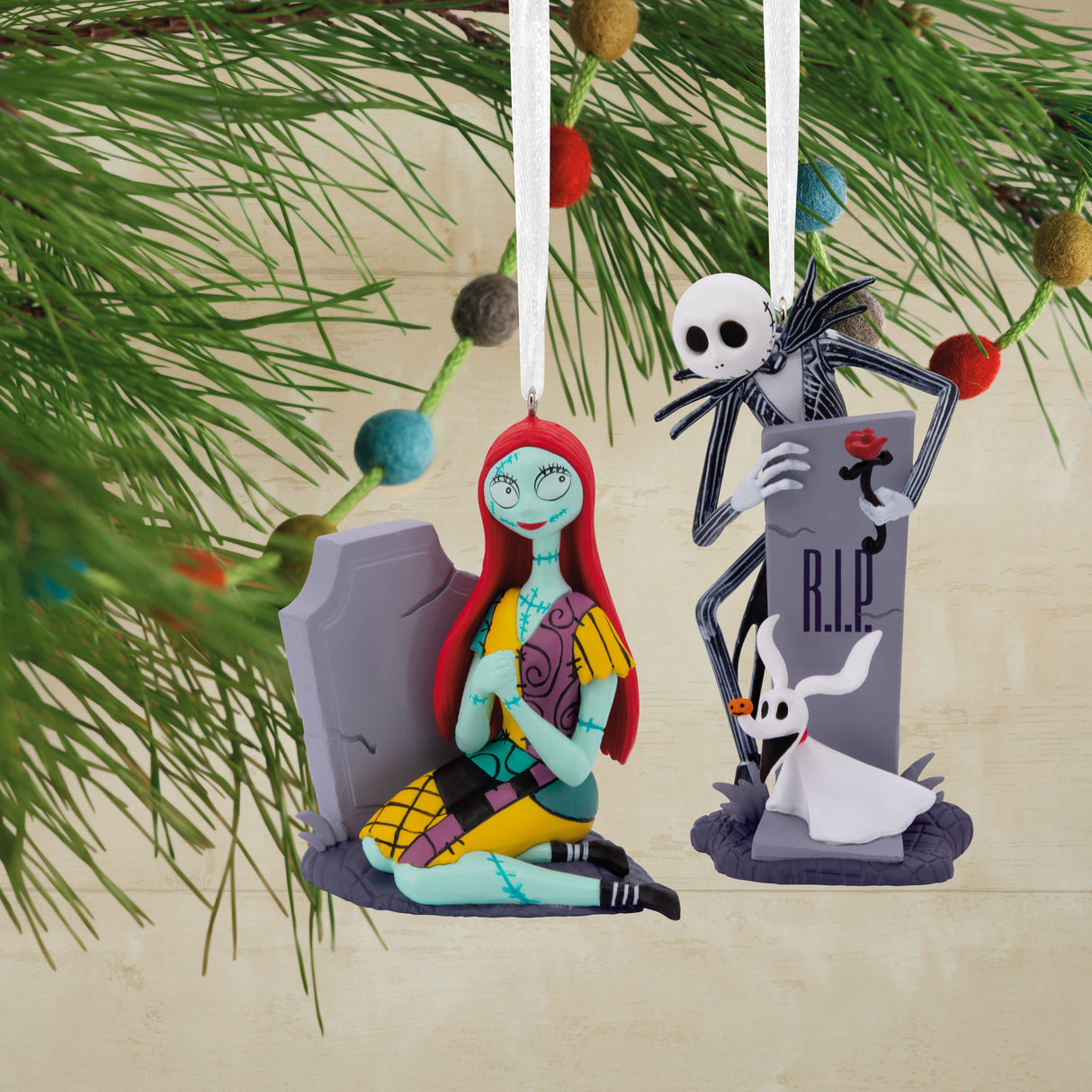 Disney Tim Burton's The Nightmare Before Christmas Jack and Sally With Tombstones Christmas Ornaments, Set of 2