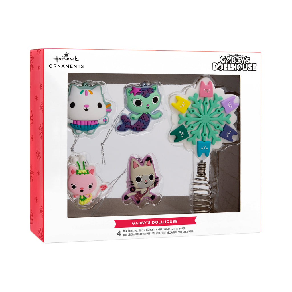 Hallmark DreamWorks Animation Gabby's Dollhouse 5" Miniature Christmas Tree Topper and 1.7" Mini Ornaments, Set of 5, Shatterproof