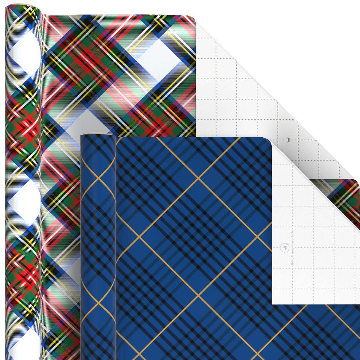 Plaid Wrapping Paper with Cutlines on Reverse (6 Rolls: Black and Red Buffalo Plaid, Royal Stewart Tartan, Blue, Green) for Christmas, Hanukkah, Father's Day, Graduation, Birthday