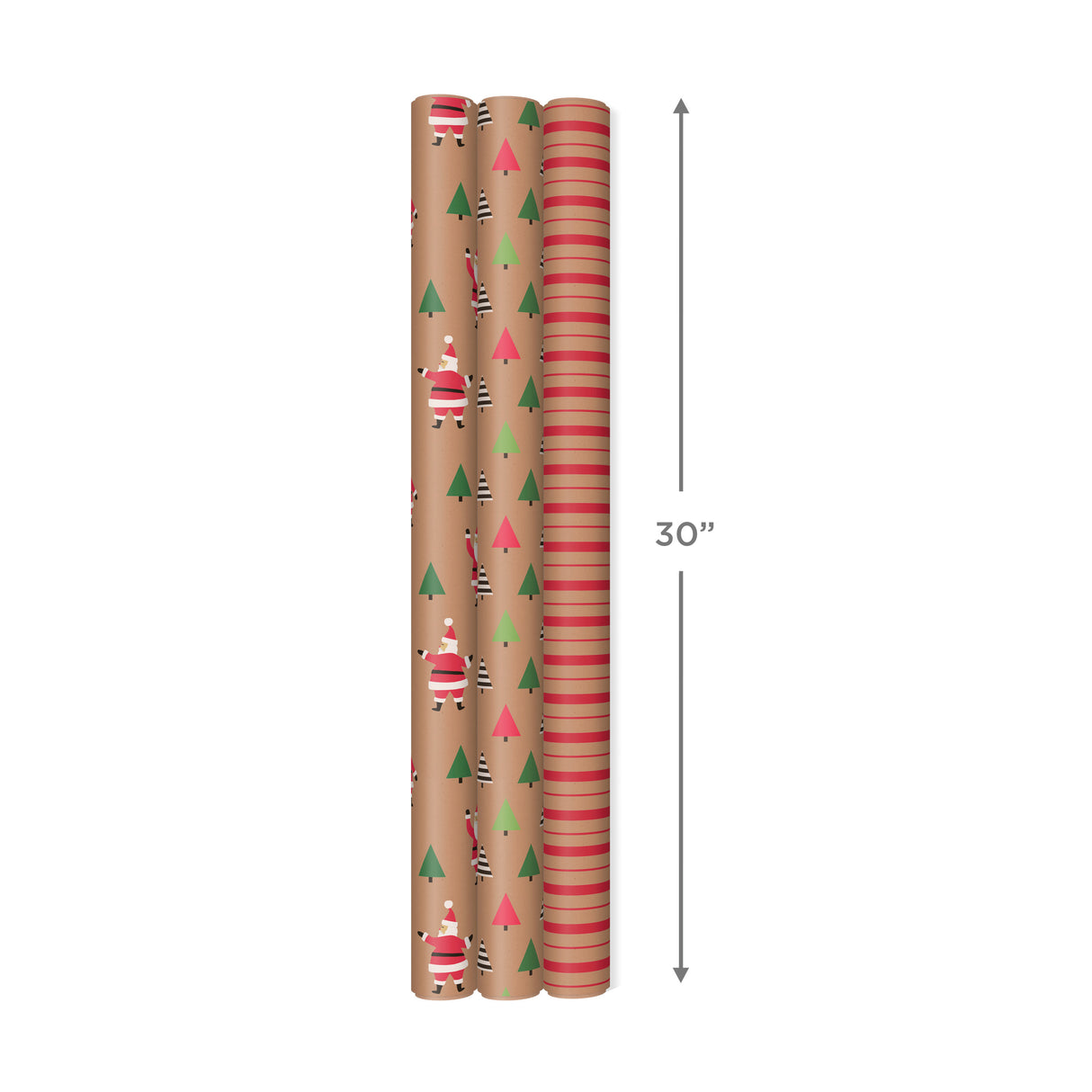 Hallmark Sustainable Christmas Wrapping Paper with Cut Lines on Reverse (3 Rolls: 90 sq. ft. ttl) Kraft with Santas, Trees, Stripes