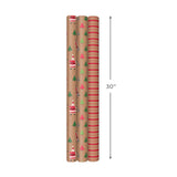 Hallmark Sustainable Christmas Wrapping Paper with Cut Lines on Reverse (3 Rolls: 90 sq. ft. ttl) Kraft with Santas, Trees, Stripes