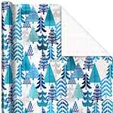 Blue Foil Christmas Wrapping Paper with Cut Lines on Reverse (3 Rolls: 60 sq. ft. ttl) Snowmen, Snowflakes, Christmas Trees