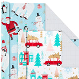 Holiday Wrapping Paper Bundle with Cut Lines on Reverse, Quirky Christmas (Pack of 4, 120 sq. ft. ttl) Yeti, Santa, Penguin, Snowflakes, Blue, Gold