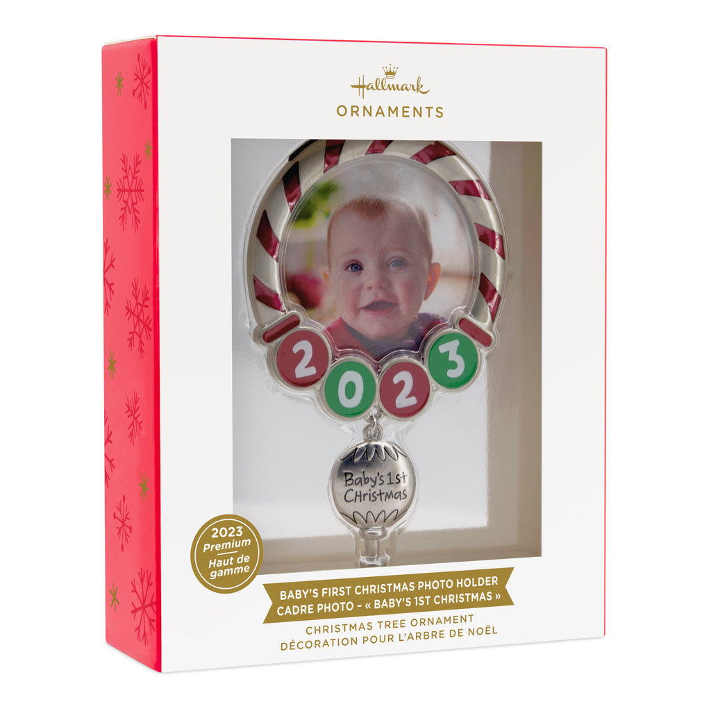 Hallmark Baby's First Christmas Red and Green 2023 Photo Frame Christmas Ornament, Premium Metal