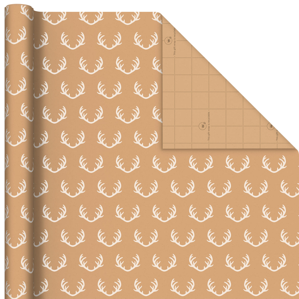 Recyclable Kraft Wrapping Paper with Cut Lines (3 Rolls: 90 Sq. Ft. Ttl.) Minimalist Christmas, White Trees, Deer Antlers, Snowflakes on Brown Kraft for Holidays, Weddings, Winter Solstice