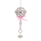 Baby's First Christmas Silver Baby Rattle With Pink Ribbon 2024 Christmas Ornament, Metal