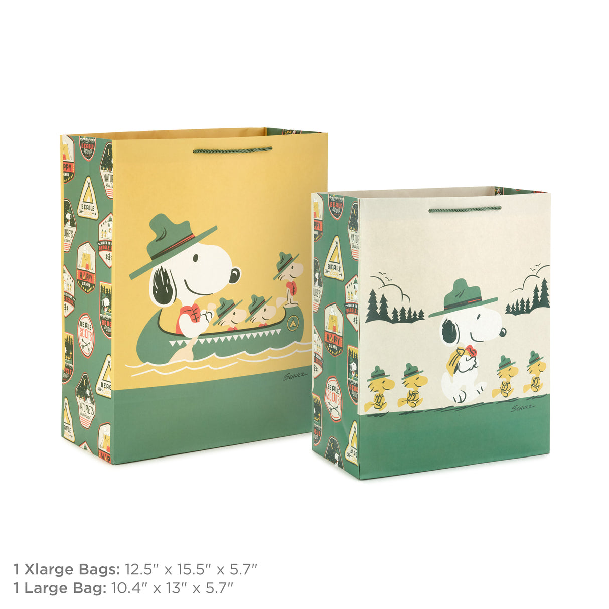 Hallmark Peanuts Gift Bag Bundle (2 Bags: 1 Large 13", 1 XL 15") Snoopy and Woodstock for Father's Day, Birthdays, Summer Camp