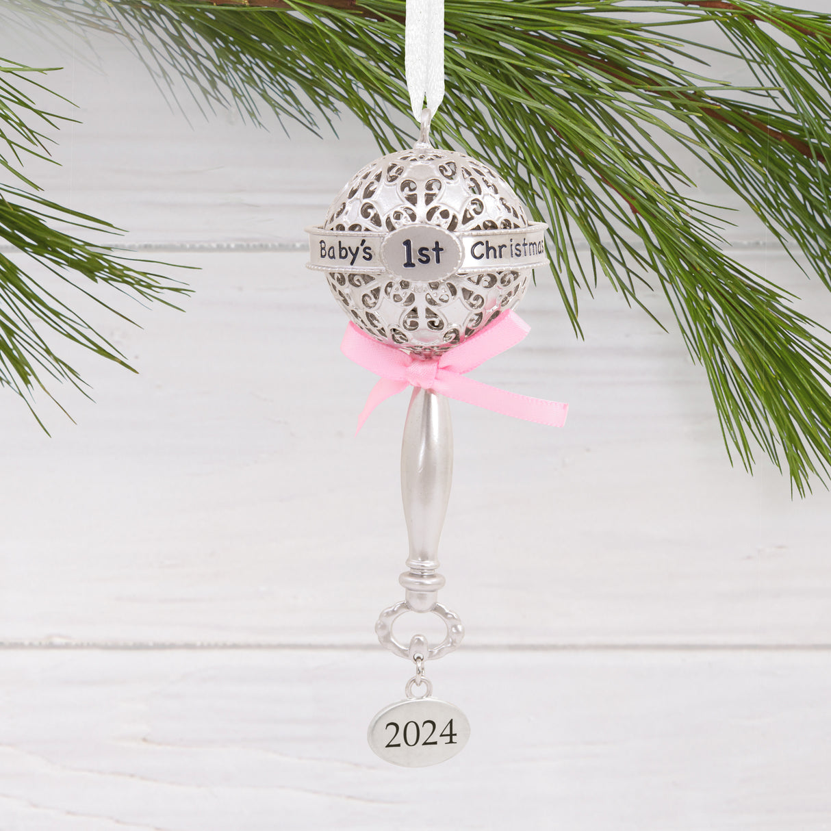 Baby's First Christmas Silver Baby Rattle With Pink Ribbon 2024 Christmas Ornament, Metal