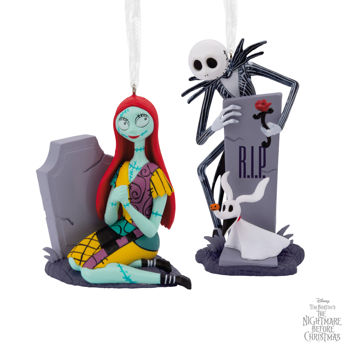 Disney Tim Burton's The Nightmare Before Christmas Jack and Sally With Tombstones Christmas Ornaments, Set of 2