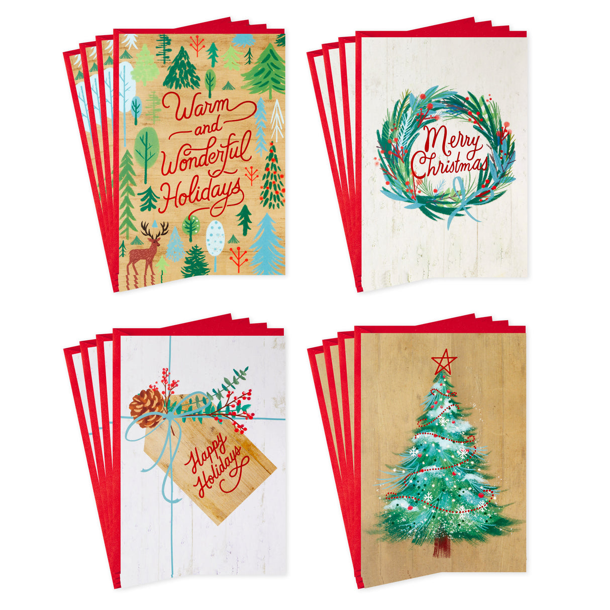 Boxed Christmas Cards Assortment, Rustic Happy Holidays (4 Designs, 16 Cards and Envelopes)