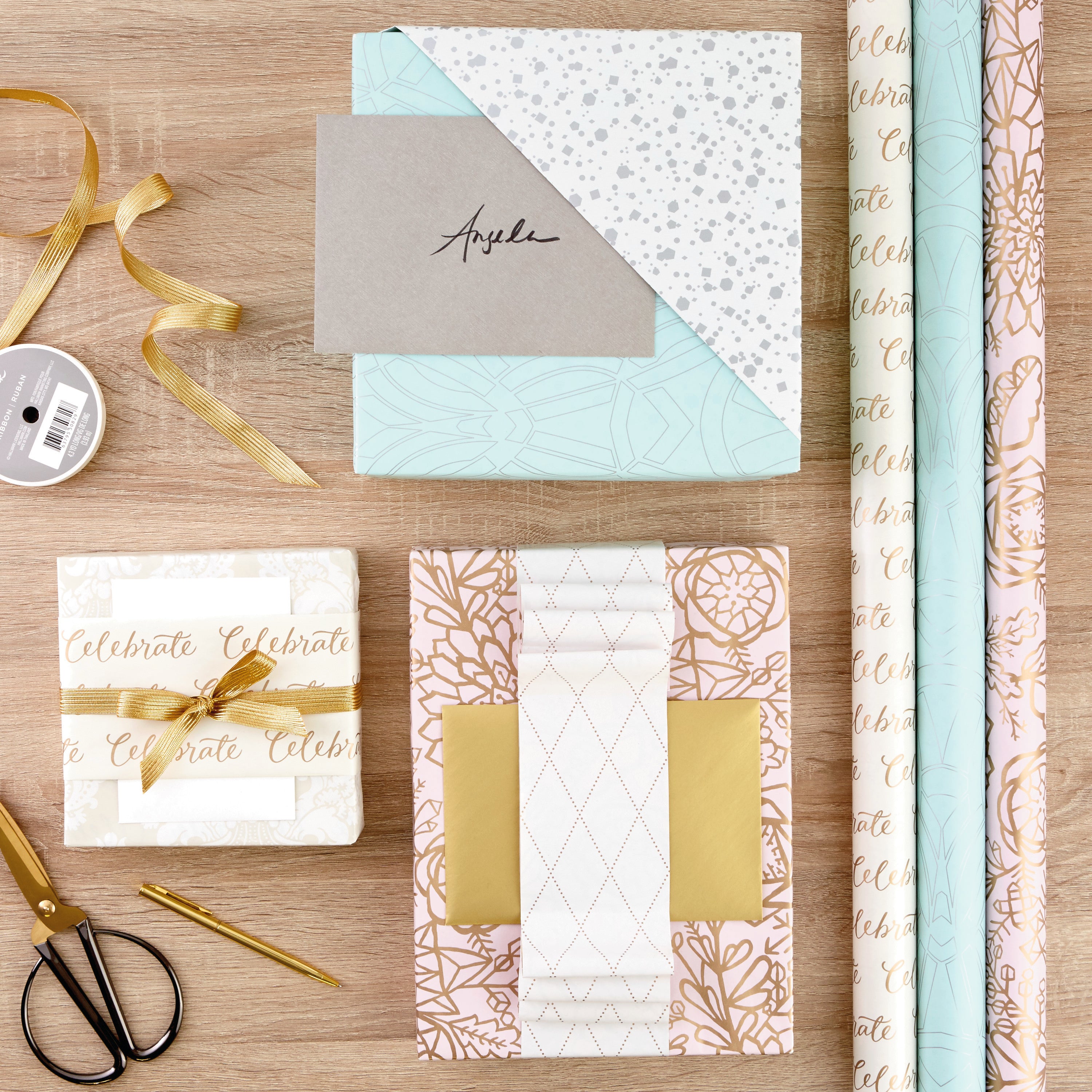 Hallmark All Occasion Reversible Wrapping Paper Bundle - Pastel & Metallic Celebrate (3-Pack: 75 sq. ft. ttl.) for Weddings, Birthdays, Baby Showers, Bridal Showers, Valentine's Day and More
