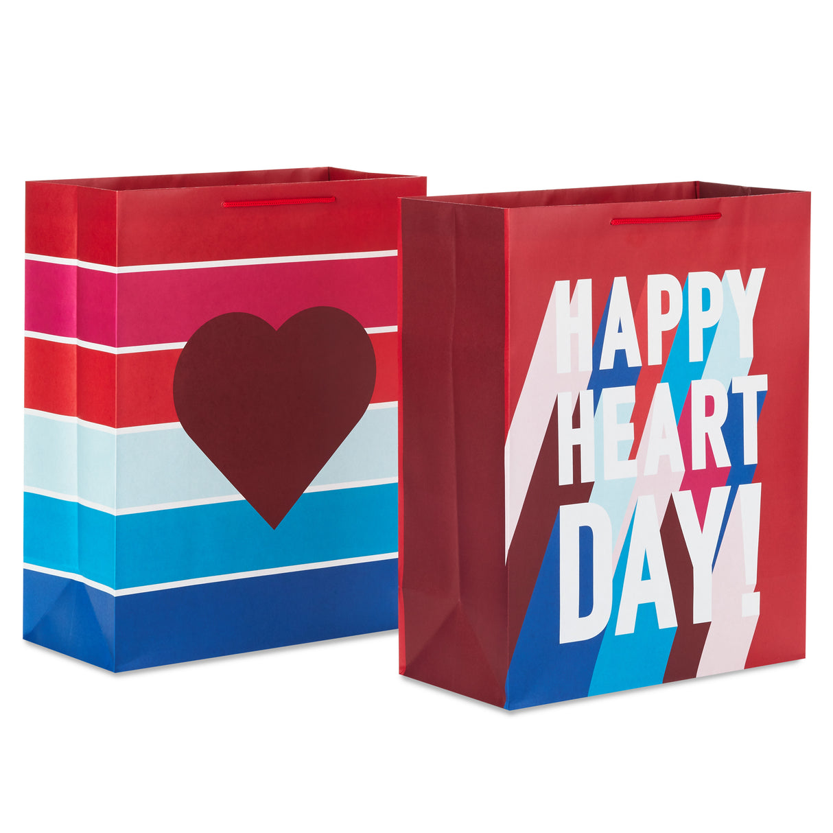 15" Extra Large Valentine's Day Gift Bags (2 Bags: "Happy Heart Day," Jewel-Tone Stripes) for Kids, Galentines Day, Spouse