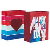 15" Extra Large Valentine's Day Gift Bags (2 Bags: "Happy Heart Day," Jewel-Tone Stripes) for Kids, Galentines Day, Spouse