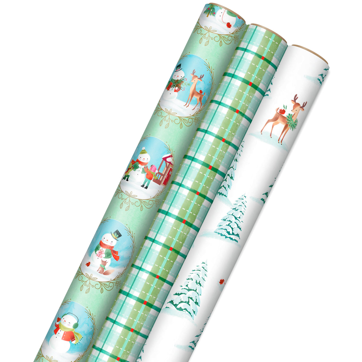 Christmas Wrapping Paper with Cut Lines on Reverse (3 Rolls: 120 sq. ft. ttl) Storybook Critters, Snowmen, Green and Blue Plaid