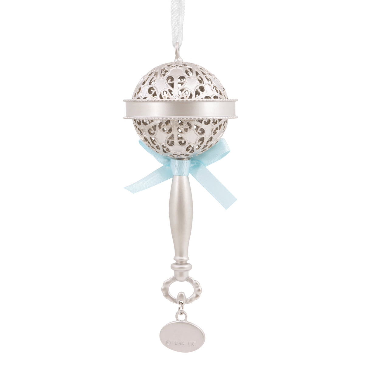 Baby's First Christmas Silver Baby Rattle With Blue Ribbon 2024 Christmas Ornament, Metal