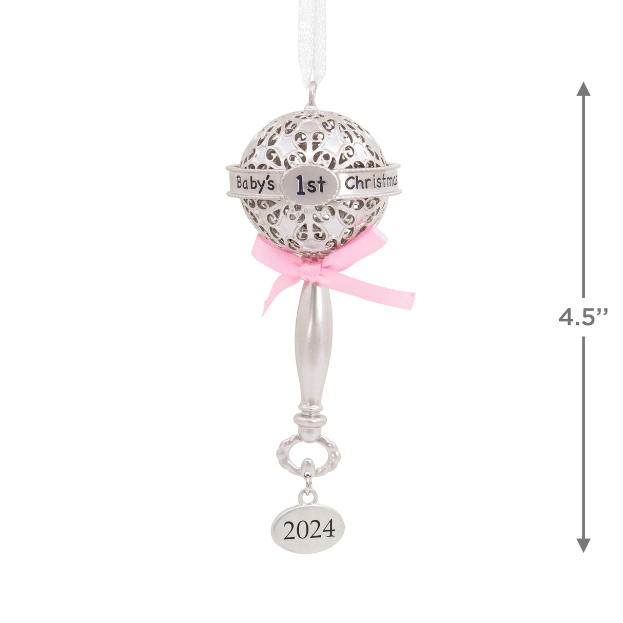 Baby's First Christmas Silver Baby Rattle With Pink Ribbon 2024 Christmas Ornament, Metal