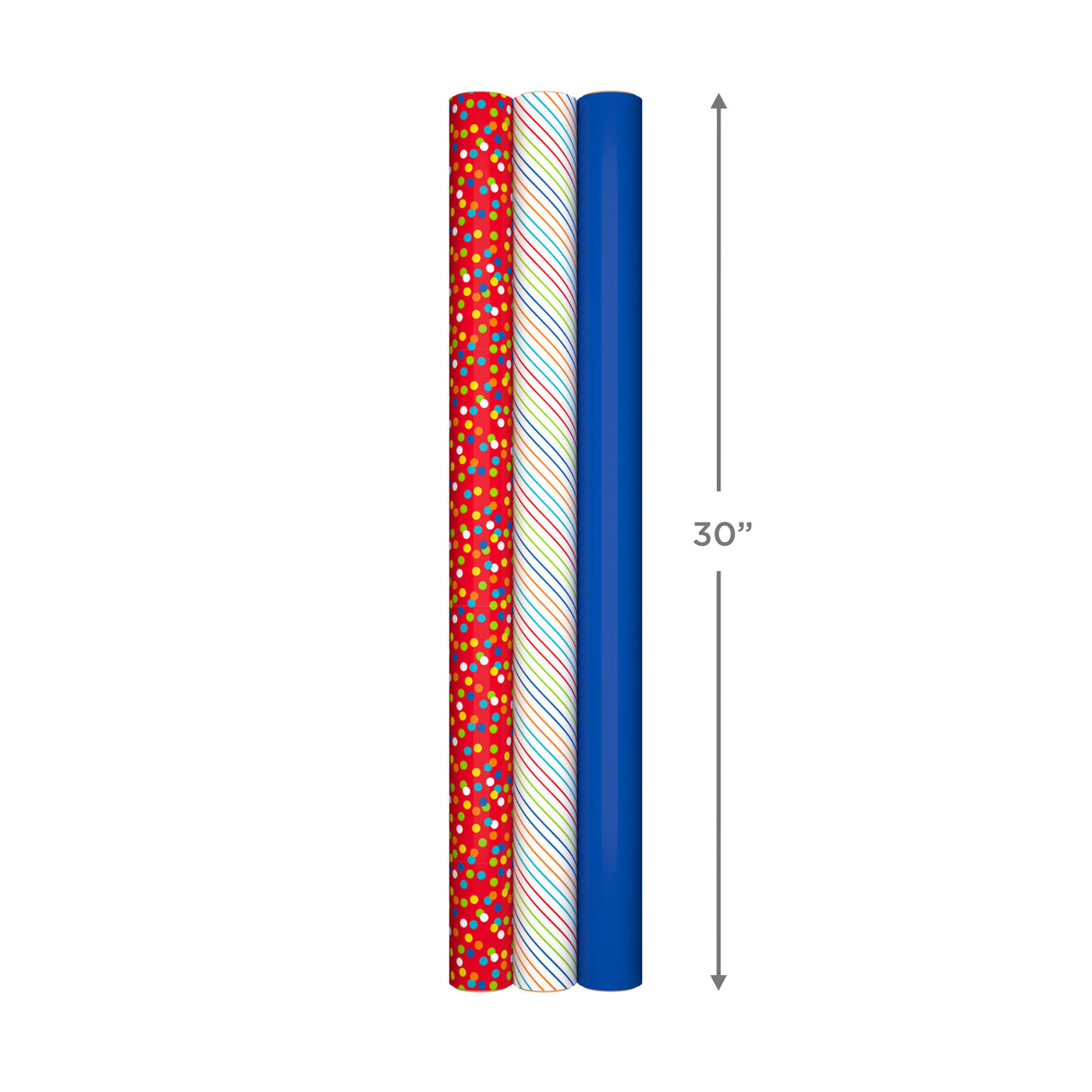 Hallmark Birthday Wrapping Paper with Templates for Handmade Bows on Reverse (3-Pack: 75 sq. ft. ttl) Royal Blue, Rainbow Stripes, Colorful Confetti