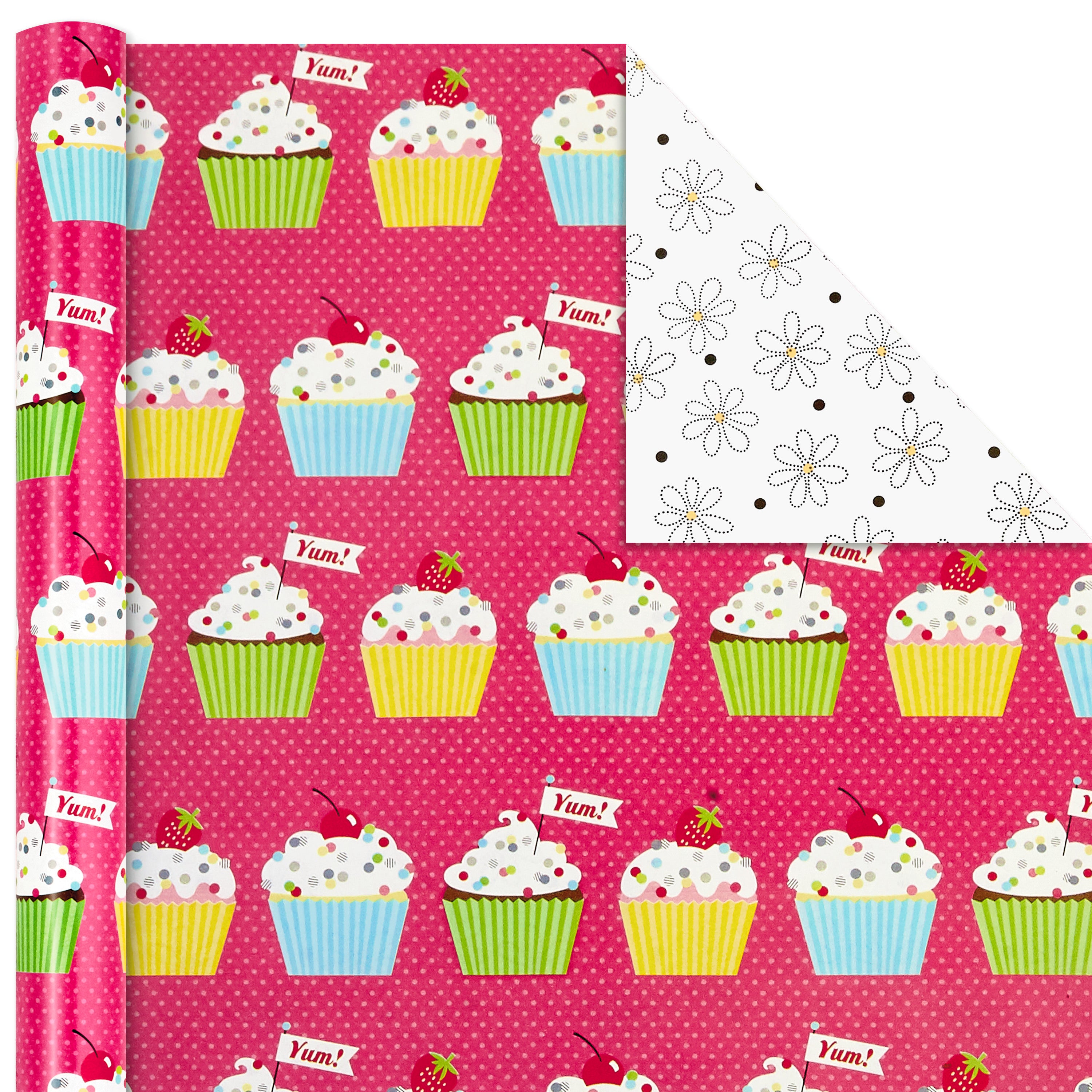Hallmark All Occasion Reversible Wrapping Paper Bundle - Happy Birthday (3 Rolls - 75 sq. ft. ttl) Cupcakes, Stripes, Flowers, Polka Dots