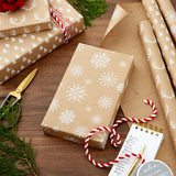 Recyclable Kraft Wrapping Paper with Cut Lines (3 Rolls: 90 Sq. Ft. Ttl.) Minimalist Christmas, White Trees, Deer Antlers, Snowflakes on Brown Kraft for Holidays, Weddings, Winter Solstice