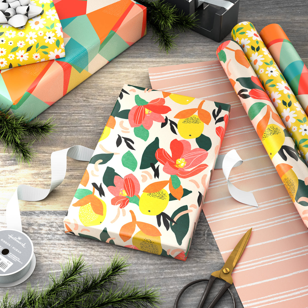 Hallmark Reversible Wrapping Paper (3 Rolls: 75 Sq. Ft. Ttl) Floral, Lemons, Bright Abstract for Birthdays, Easter, Mother's Day, Bridal Showers, Baby Showers