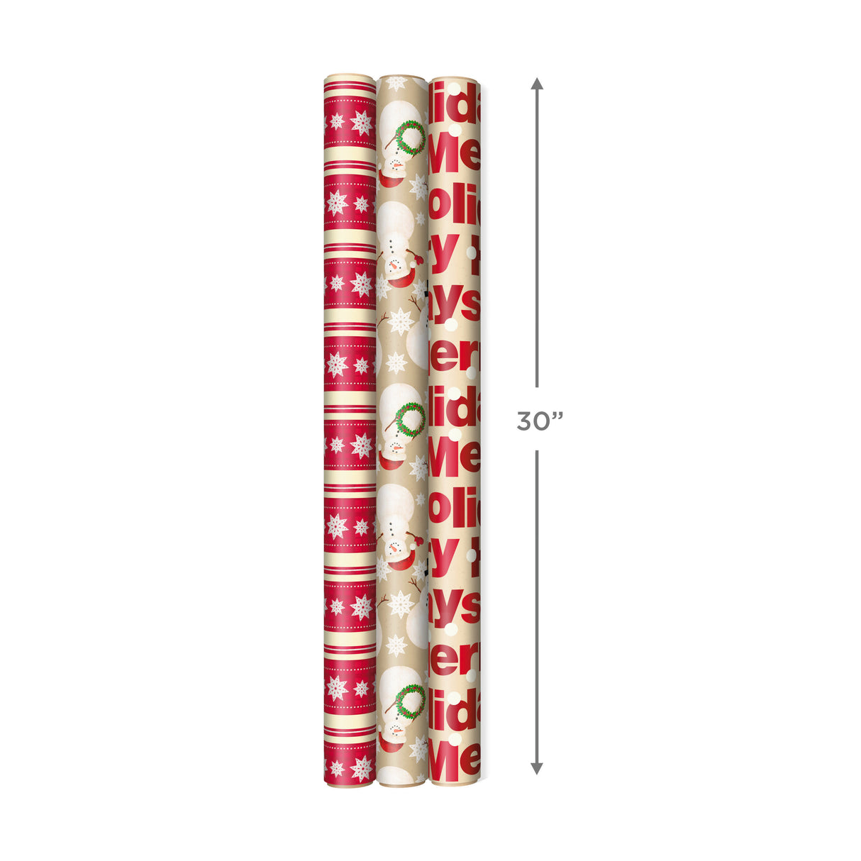 Reversible Christmas Wrapping Paper (3 Rolls: 120 sq. ft. ttl) "Merry Holidays," Snowflakes, Snowmen, Red Stripes