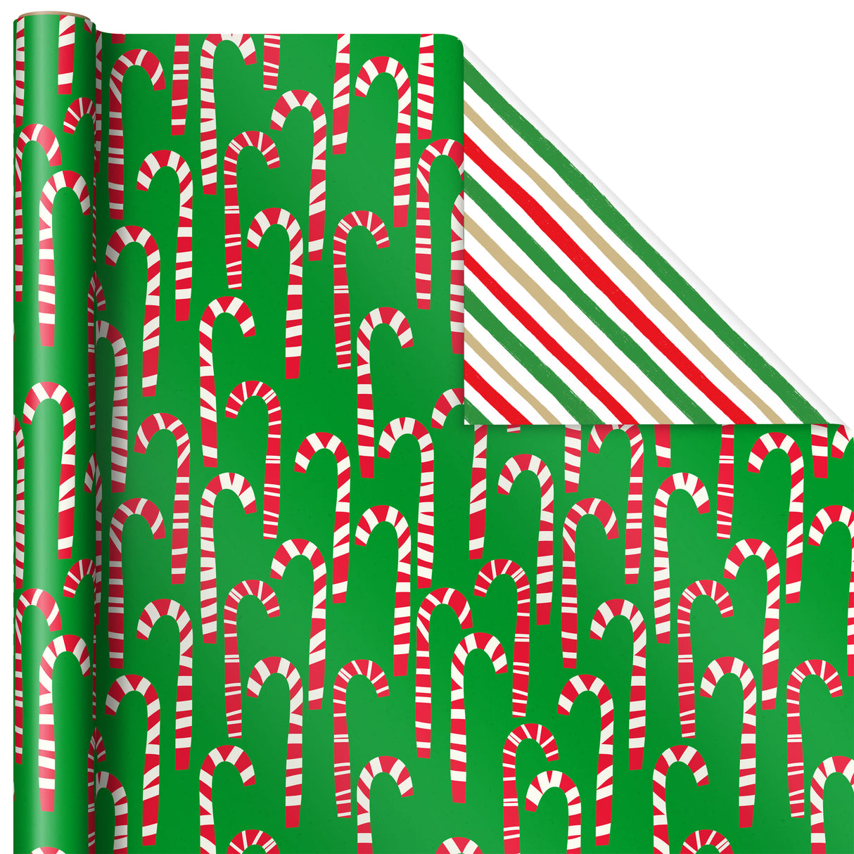 Reversible Christmas Wrapping Paper (3 Rolls: 120 sq. ft. ttl) Rustic Santa, Papercraft Snowmen, Candy Canes, Stripes, Snowflakes, "Merry Christmas to You"