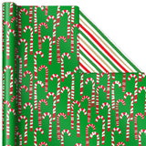 Reversible Christmas Wrapping Paper (3 Rolls: 120 sq. ft. ttl) Rustic Santa, Papercraft Snowmen, Candy Canes, Stripes, Snowflakes, "Merry Christmas to You"