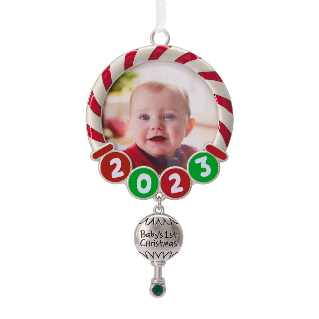 Hallmark Baby's First Christmas Red and Green 2023 Photo Frame Christmas Ornament, Premium Metal