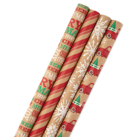 Kraft Christmas Wrapping Paper with Cutlines on Reverse (4 Rolls: 88 sq. ft. ttl) Red Trucks, Snowflakes, Red Stripes, Merry Christmas