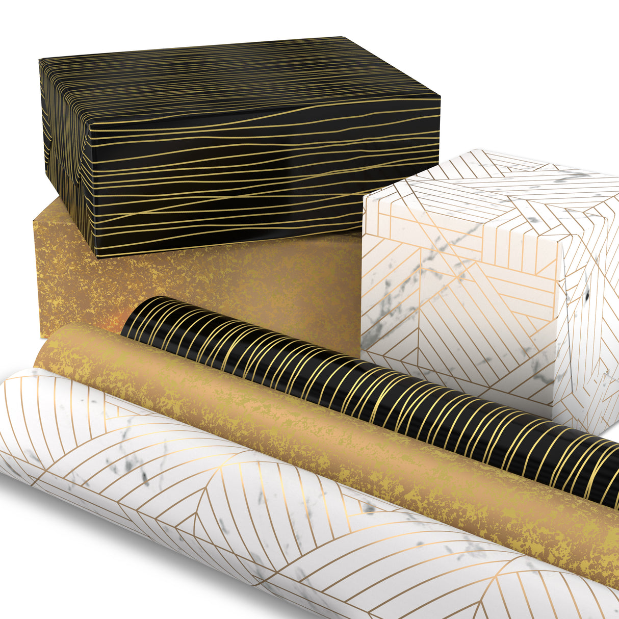 Hallmark Premium Wrapping Paper Bundle with Cut Lines on Reverse - Marble, Sparkly Black, & Antiqued Marigold (3-Pack: 85 sq. ft. ttl.) for Birthdays, Weddings, Graduations & Valentine's Day