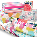 Hallmark All Occasion Reversible Wrapping Paper Bundle - Watercolor Flowers, Stripes, Balloons (3-Pack: 75 sq. ft. ttl.) for Birthdays, Weddings, Baby Showers, Bridal Showers, Valentine's Day and More