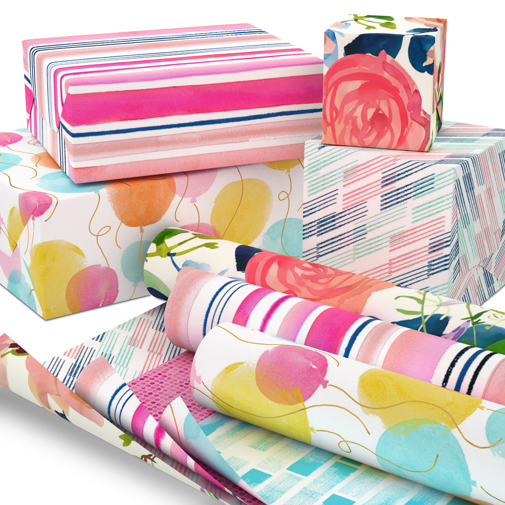 Hallmark All Occasion Reversible Wrapping Paper Bundle - Watercolor Flowers, Stripes, Balloons (3-Pack: 75 sq. ft. ttl.) for Birthdays, Weddings, Baby Showers, Bridal Showers, Valentine's Day and More