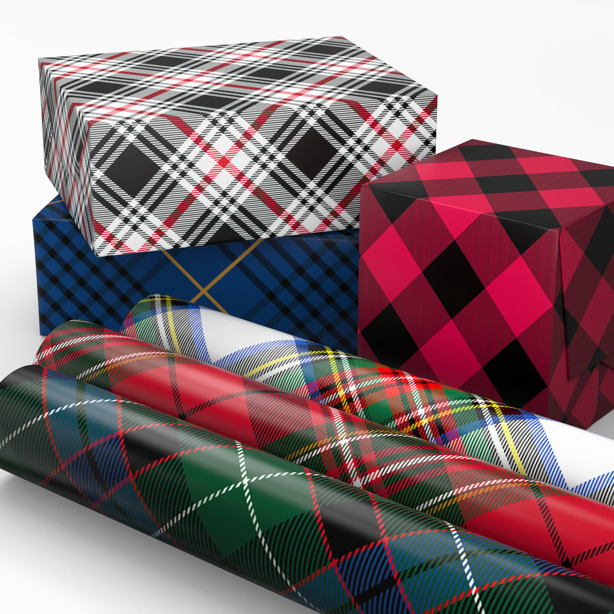 Plaid Wrapping Paper with Cutlines on Reverse (6 Rolls: Black and Red Buffalo Plaid, Royal Stewart Tartan, Blue, Green) for Christmas, Hanukkah, Father's Day, Graduation, Birthday