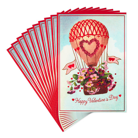 Hallmark Pack of Valentines Day Cards, Vintage Hot Air Balloon (10 Valentine's Day Cards with Envelopes)