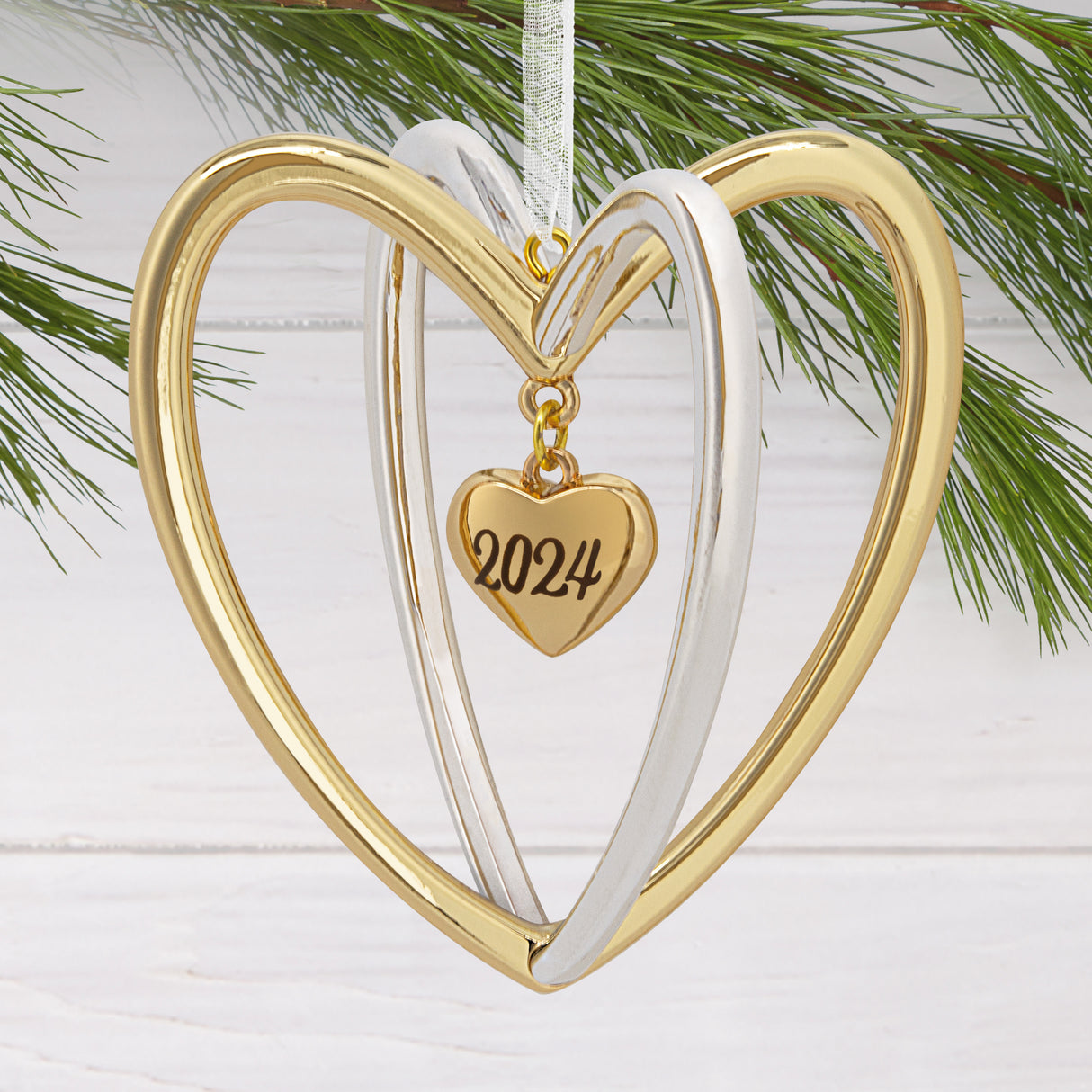 Double Heart 2024 Christmas Ornament, Metal