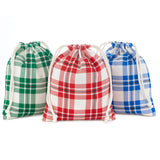 10" Drawstring Fabric Gift Bags (3 Plaid Bags: Red, Blue, Green) for Christmas, Hanukkah, Birthdays, Housewarming Gifts