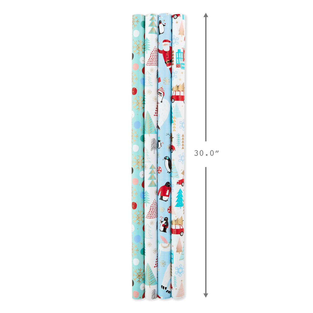 Holiday Wrapping Paper Bundle with Cut Lines on Reverse, Quirky Christmas (Pack of 4, 120 sq. ft. ttl) Yeti, Santa, Penguin, Snowflakes, Blue, Gold