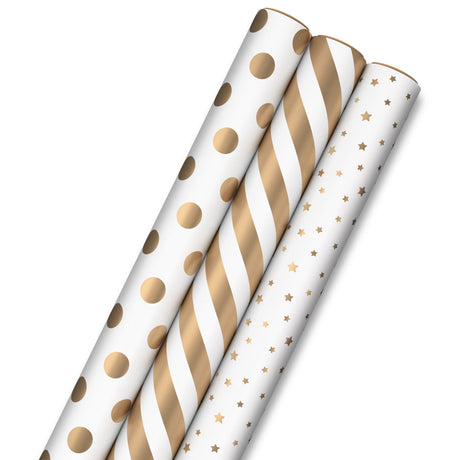 Hallmark All Occasion Wrapping Paper Bundle with Cut Lines on Reverse - White and Gold (3-Pack: 105 sq. ft. ttl.) for Birthdays, Weddings, Valentine's Day, Graduations, Engagements, Bridal Showers and More