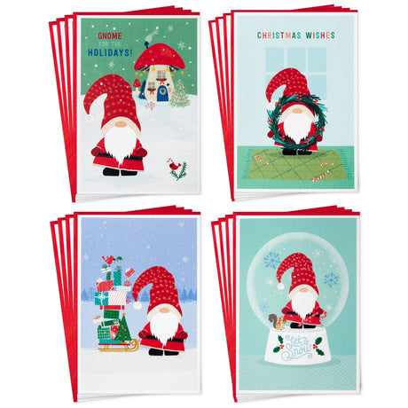 Gnome Boxed Christmas Card Assortment (16 Cards and Envelopes) Snow globe, Mushrooms, Wreath, Sled