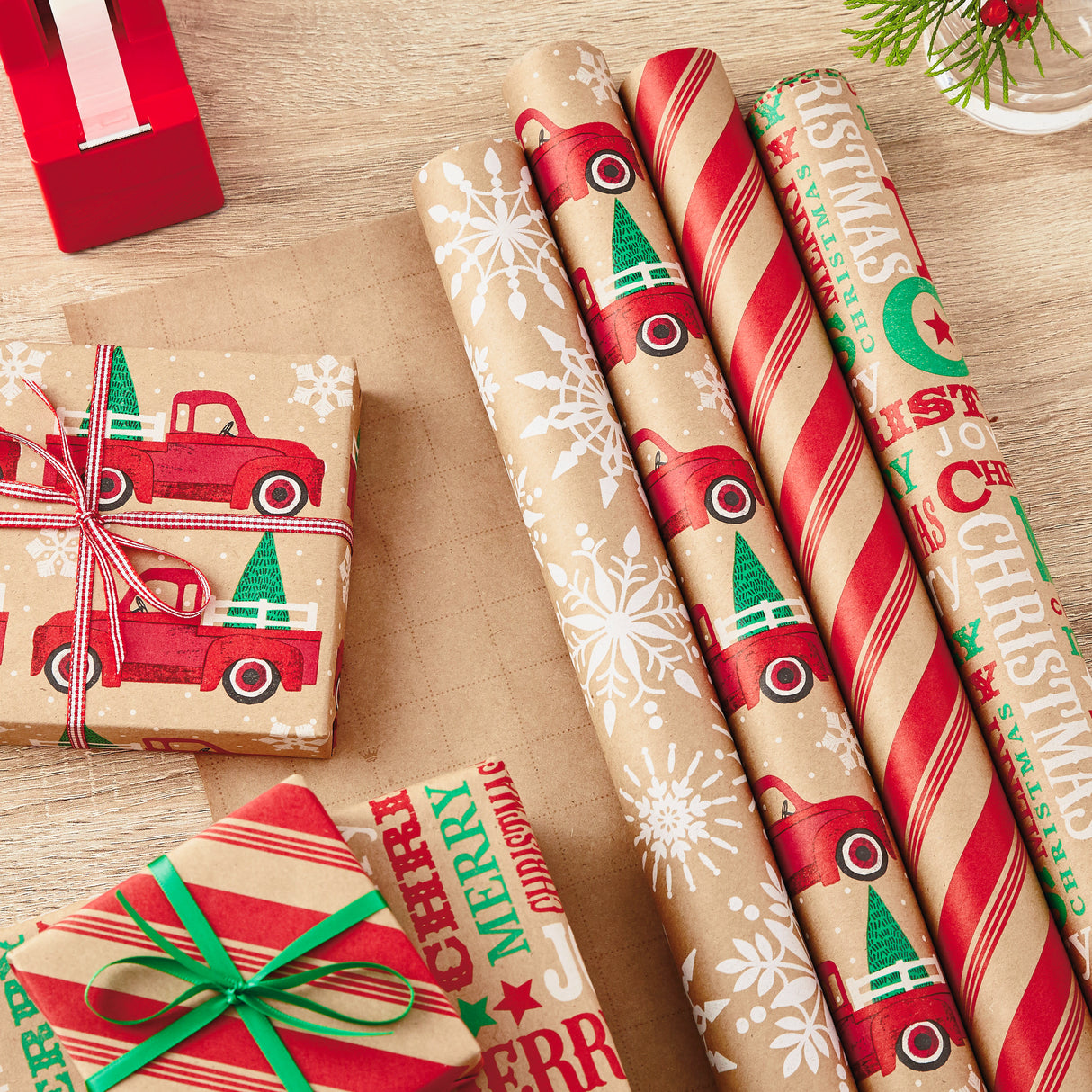 Kraft Christmas Wrapping Paper with Cutlines on Reverse (4 Rolls: 88 sq. ft. ttl) Red Trucks, Snowflakes, Red Stripes, Merry Christmas