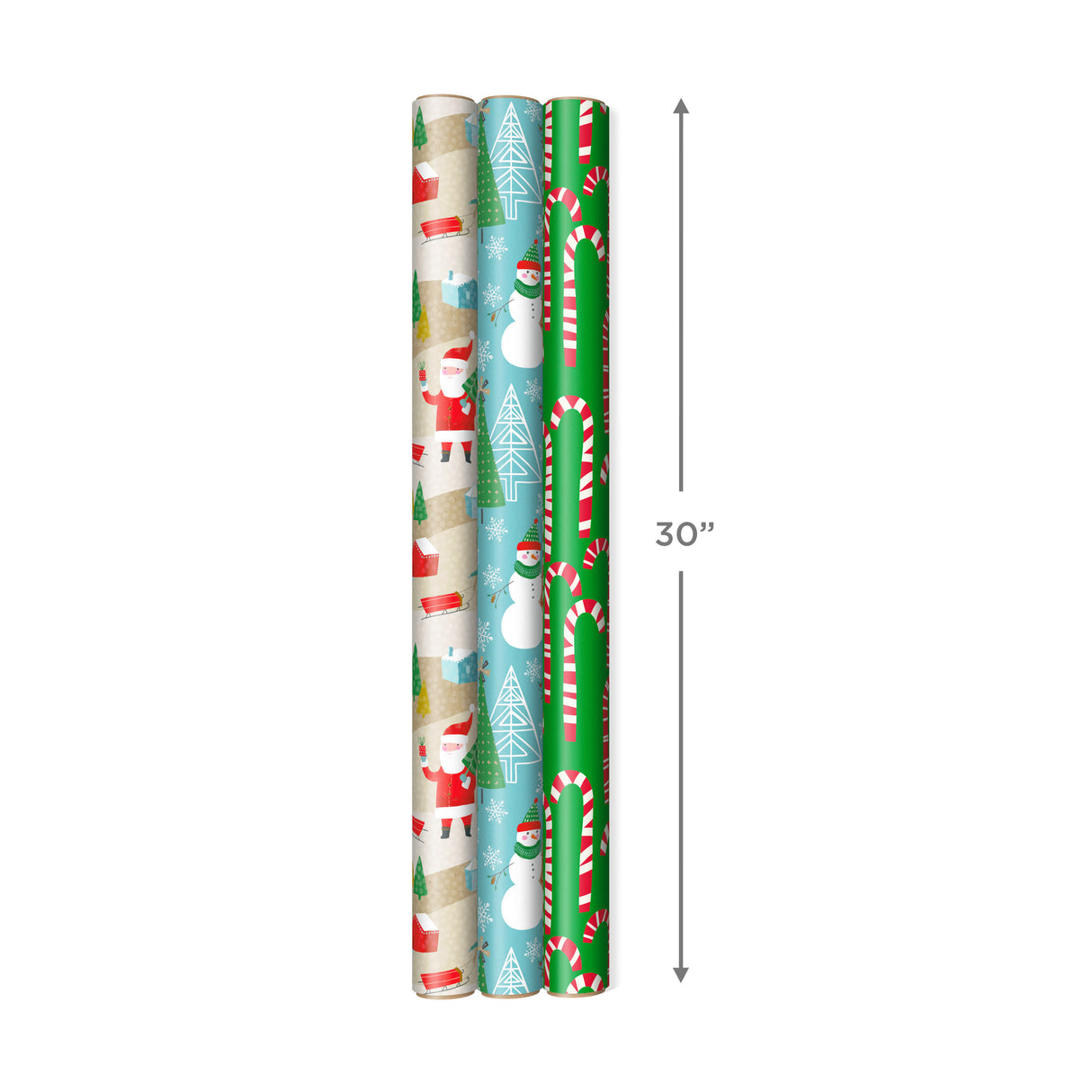 Reversible Christmas Wrapping Paper (3 Rolls: 120 sq. ft. ttl) Rustic Santa, Papercraft Snowmen, Candy Canes, Stripes, Snowflakes, "Merry Christmas to You"