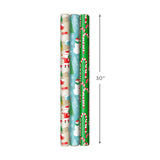 Reversible Christmas Wrapping Paper (3 Rolls: 120 sq. ft. ttl) Rustic Santa, Papercraft Snowmen, Candy Canes, Stripes, Snowflakes, "Merry Christmas to You"